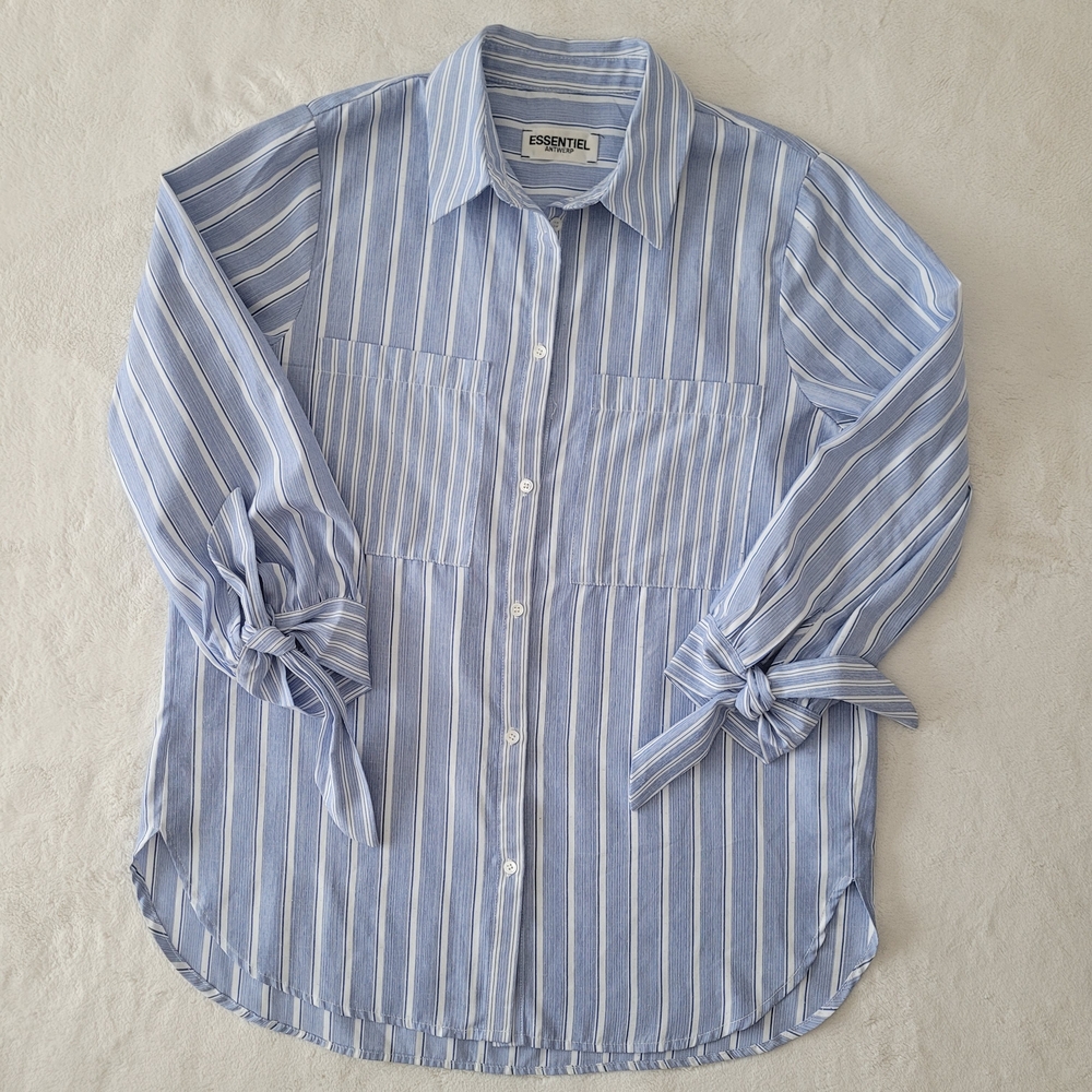 Essentiel Antwerp Blue Striped Button Down Sandro Shirt Bow Size 38 Cotton